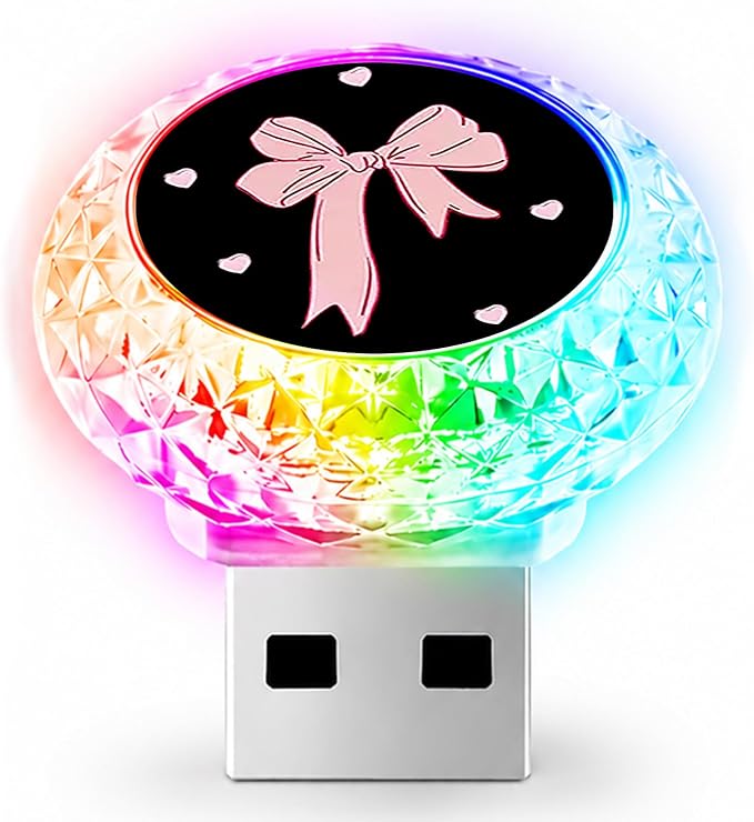 Bow USB LED Car Portable Interior Multi-Color Atmosphere Lamp | Portable Mini LED Night Light Auto Ambient Lighting, Universal Vehicle Bedroom Decor Car Accessories Bow Gifts for Women Men