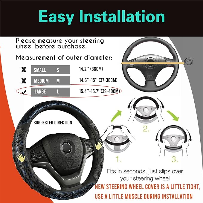 Large Size Steering Wheel Cover Great Grip with 3D Honeycomb Anti-Slip Design, 15.5-15.75 Inch (Blue)