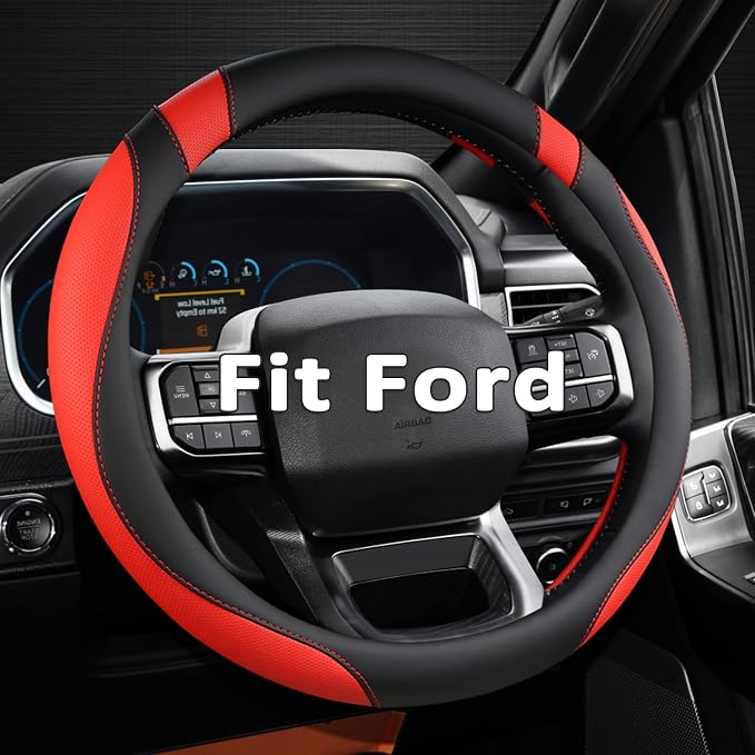 Customized Auto Car Steering Wheel Cover for Ford F-150, F-250, F-350, Expedition (Black+Red)