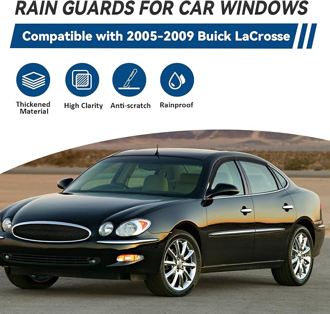 4pcs Window Visors Compatible with 2005-2009 Buick Lacrosse Front+Rear Smoke Tint Sun/Rain Guard Outside Mount Tape-On Vent 2006 2007 2008
