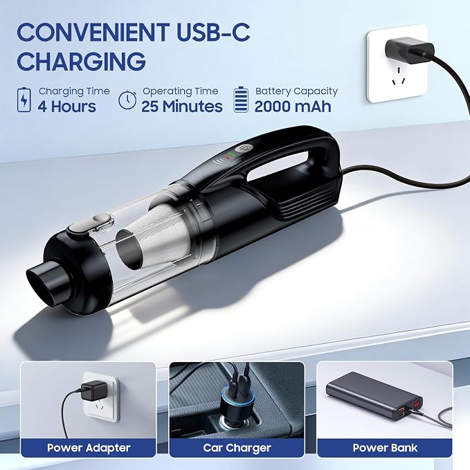 Handheld Vacuum Cordless, 17000Pa Car Vacuum Portable Cordless with Brushless Motor, 2-in-1 Vacuum Cleaner with Multi-Nozzles & Washable Filters, 2 Suction Modes for Home, Car, Office, Pet Hair