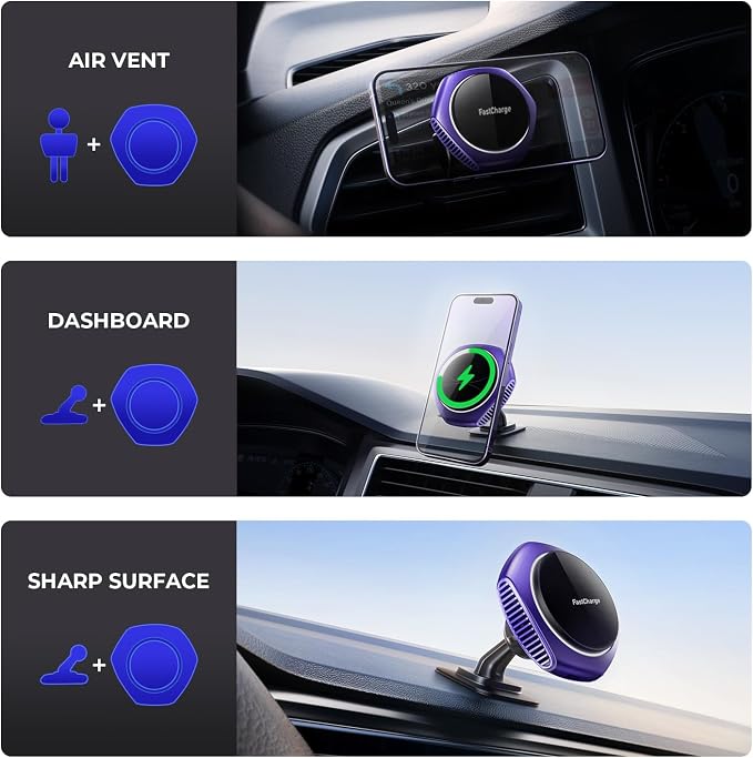 for MagSafe Car Mount Charger, 15W Fast Charging Magnetic Wireless Car Charger Phone Holder Mount Fits iPhone 15 Pro Max Plus 14 13 12 Mini MagSafe Case - Purple