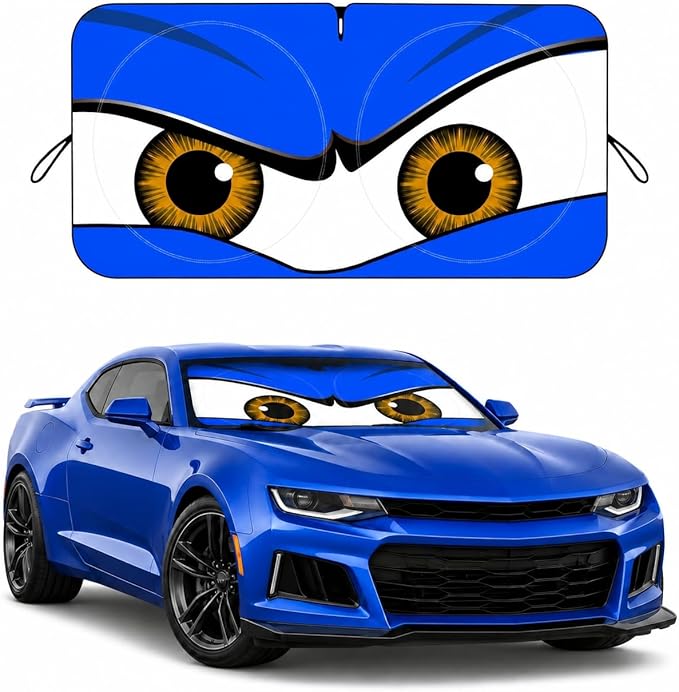 Car Windshield Sun Shade, Universal Fit Compact Sedan SUV, Monster Blue | 59 x 27.5" Car Sun Visor, Foldable Front Window Sunshade, UV Heat Protection, Cute Eyes Series