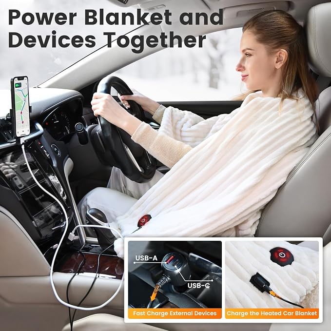 12V Electric Throw Blanket for Car – Soft Faux Fur & Cozy Sherpa with 2 Output USB Ports (1A +1 C) 4 Heating Levels & 4 Hours Auto Off, Machine Washable, 59" X 43", Beige