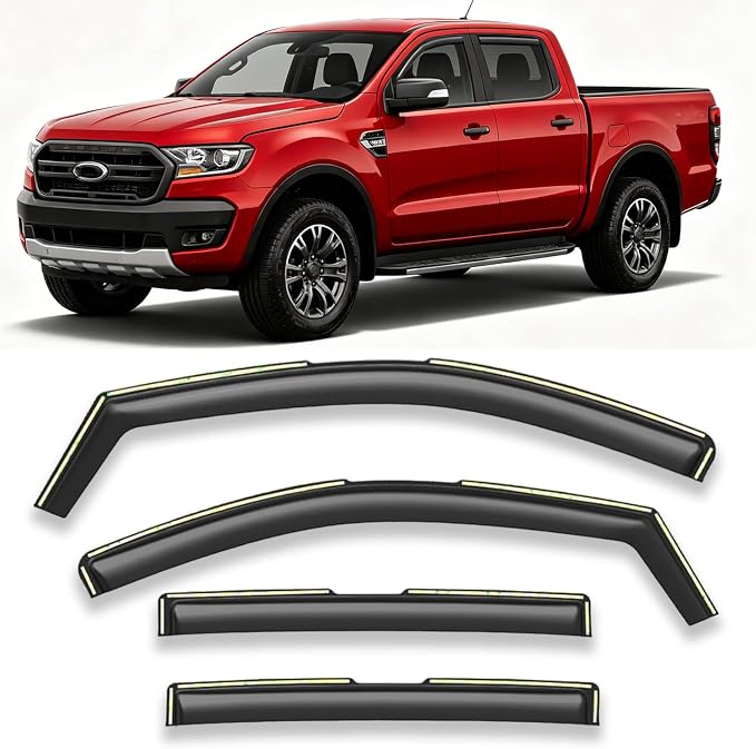 in-Channel Window Visors Vent Deflectors Sun Shade Rian Guard for Ford Ranger SuperCrew Cab 2024 2025 2026 Smoke Tinted