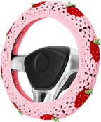 Crochet Steering Wheel Cover Set,Cute Car Steering Wheel Cover Boho 14-15in,Pink Strawberry Granny Square Pattern,Hippie Women Car Accessories (A Wheel Cover)