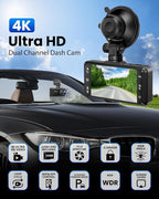 Dash Cam Front Rear 4K/1080P, Dash Camera for Cars Build in WiFi, Full HD Dash Cam with APP Control, 3.94‘’ IPS Screen Dash Camera with 32GB SD Card, G-Sensor, WDR, 24Hr Parking Mote, Loop Recording
