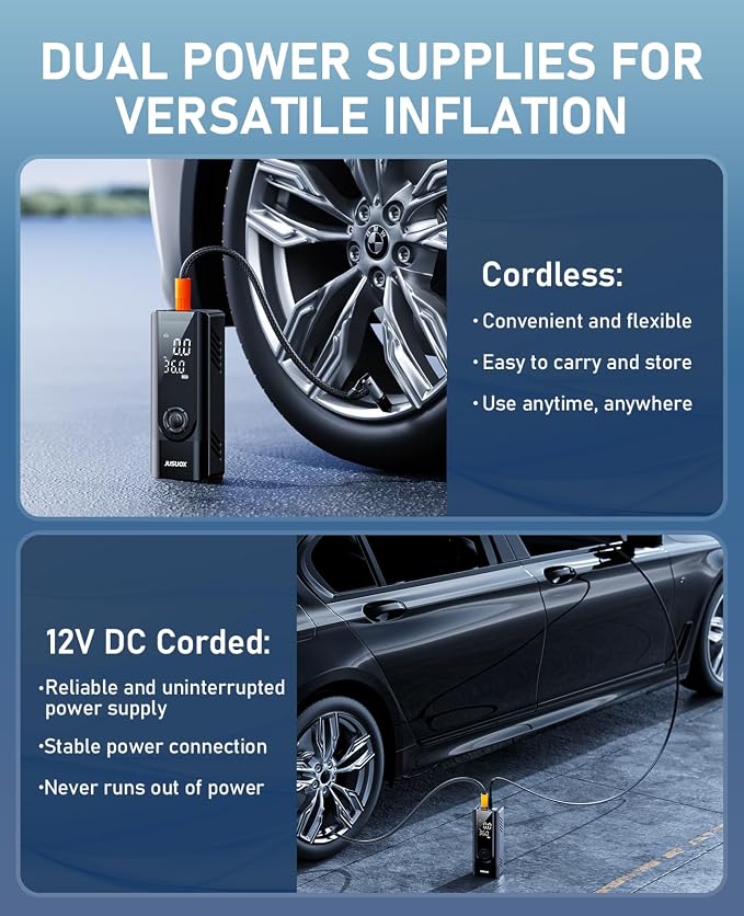 Tire Inflator Portable Air Compressor, Dual Power (Cordless & 12V DC) Air Pump for Car Tires, 150PSI Fast Air Pump for Moto, Bike, Large Capacity Battery, Digital Gauge with Emergency LED Light