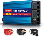400W Pure Sine Wave Power Inverter 12V DC to 110V 120V AC for Vehicles | Car Cigarette Lighter Adapter inverter with 2 AC Outlets, Converter for Car with LCD Display for Solar RV Truck Home Camping