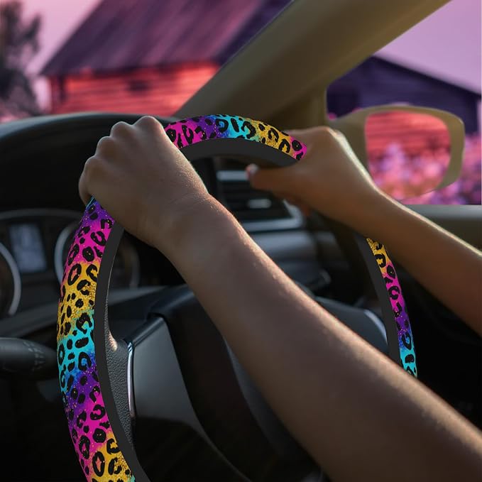Neon Rainbow Leopard Print Steering Wheel Cover for Women Men Neoprene Breathable Wheel Cover Protector Anti-Slip Car Accessories Universal 15 Inch Fit for Cars Trucks Vehicles