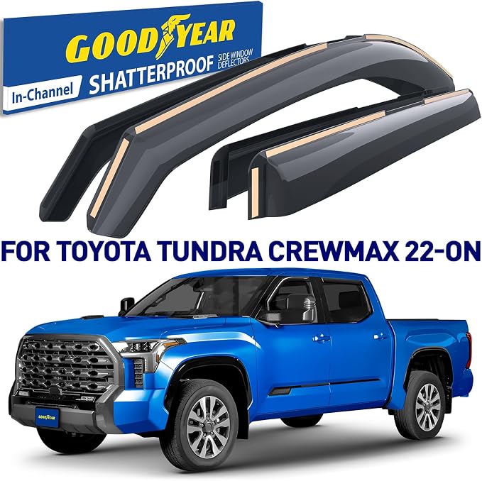 Goodyear Shatterproof in-Channel Window Deflectors for Toyota Tundra 2022-2026 CrewMax, Rain Guards, Window Visors for Cars, Vent Deflector, Car Accessories, 4 pcs - GY008143