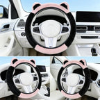 Fluffy Car Steering Wheel Cover with Cute Ears Fit 14"-15" Black and Pink | Steering Wheel Covers with Keychain Universal Elastic Steering Wheel Protector Accessories for Women Girls