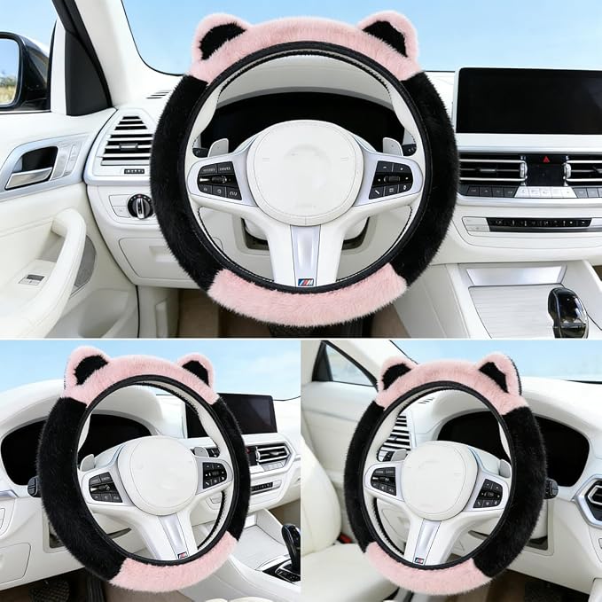 Fluffy Car Steering Wheel Cover with Cute Ears Fit 14"-15" Black and Pink | Steering Wheel Covers with Keychain Universal Elastic Steering Wheel Protector Accessories for Women Girls