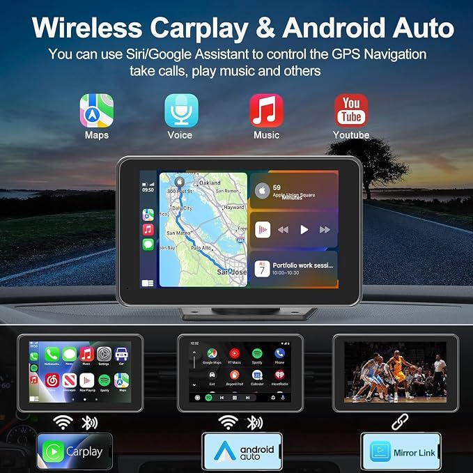 Wireless Apple CarPlay Screen with Fast Auto Connect, 7" Portable Android Auto Display for Car, Backup Camera, Bluetooth Audio, Voice Assistant & GPS Navigation