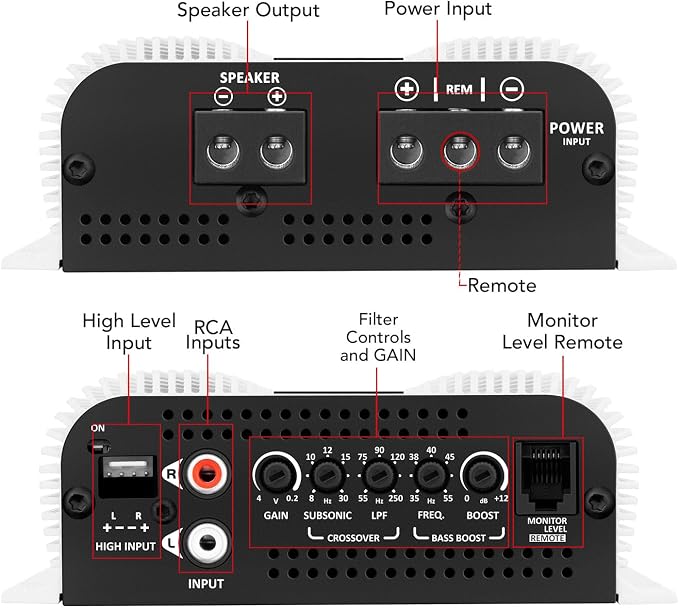 Bass 400 2 Ohms Monoblock Amplifier 400 Watts Rms 1 Channel 14.4VDC Out Power Full Range, Great for Sub/Bass - Rca/High Level Input, Car Audio