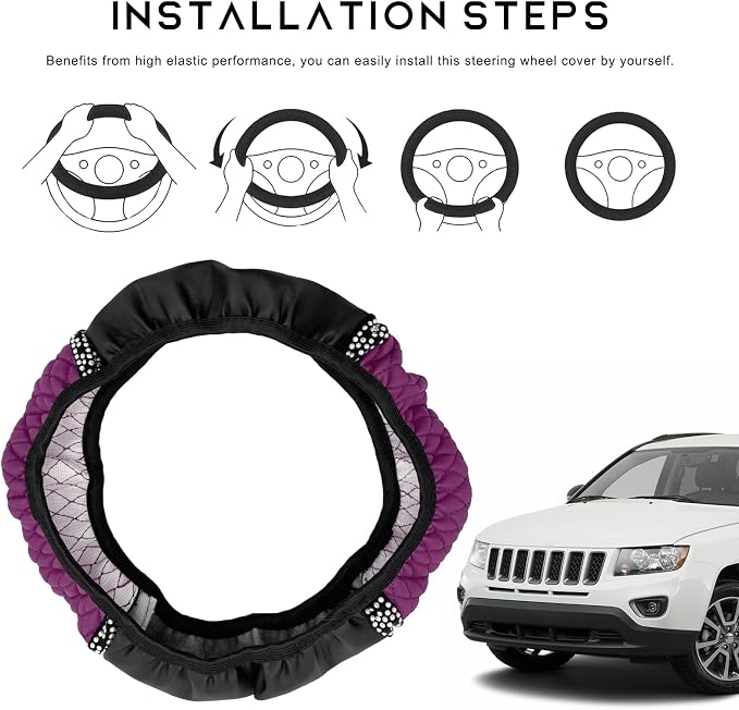 Bling Car Steering Wheel Cover, 15 Inch Sparkly Rhinestone Soft Leather Steering Wheel Protector, Non-Slip Universal Auto Elastic Steering Wheel Covers for Women Girls (Purple)