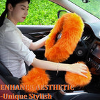 Fuzzy Genuine Sheepskin Steering Wheel Cover Set for Women Parents-Fluffy Soft Australian Merino Wool Wrap with Gear Shift and Hand Brake Covers, Cozy Stylish Luxury Car Accessories (Orange)