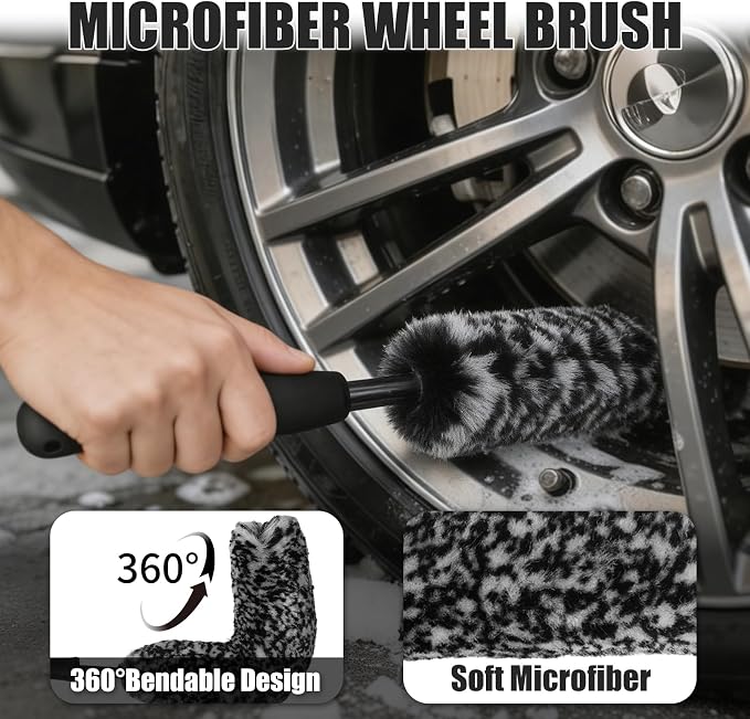 10PCS Car Wheel Cleaning Kit – Metal-Free Rim & Tire Brush Set with Wool Brush, Microfiber Cloths, Wax Pads & Storage Bag, Scratch-Free Detailing Tools for Cars Trucks SUVs RVs