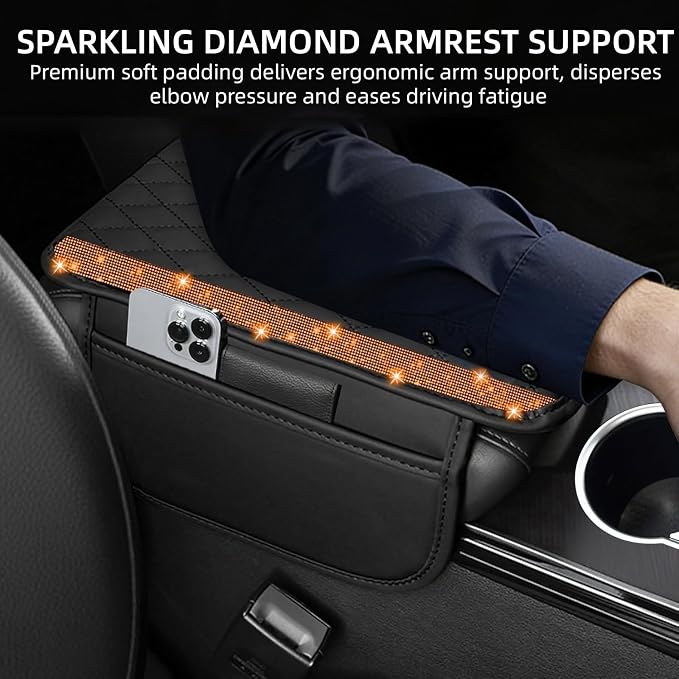 Bling Car Center Console Cover, Leather Car Arm Rest Cover Cushion with 2 Storage Bags, Universal Auto Armrest Protector Storage Box, Bling Accessories Interior for Most Vehicles (Orange)