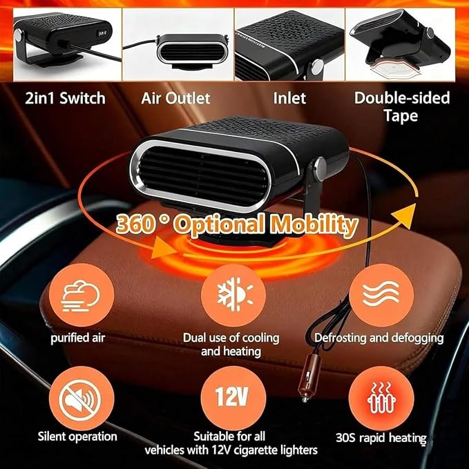 Car Cool Fan & Heater Defroster 12V 150W 2-in-1 Portable Car Fan 360° Rotatable Fast Heating in Winter Cool Breeze in Summer Windshield Defogger with Air Purification for Auto SUV Truck