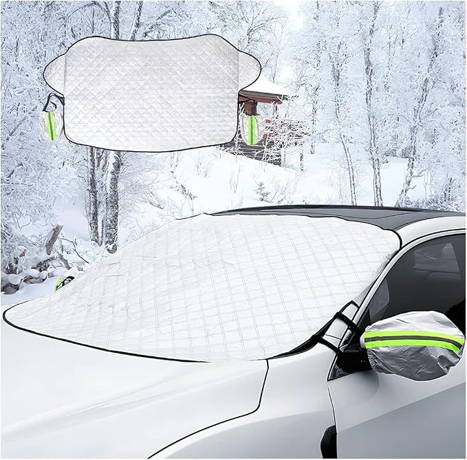 Car Magnetic Windshield Snow Cover, 4 Layers WAaterproof Windproof Protection,Snow,Ice,Sun,Frost Defense, Universal for SUV, Truck, Sedan, Van (Silver)