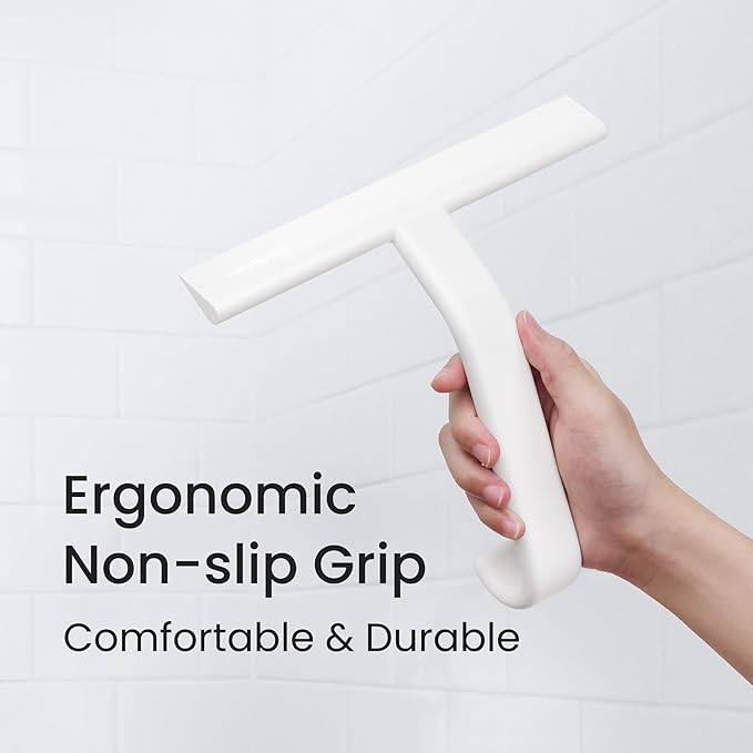 JustHang Shower Squeegee for Glass Doors, All-One-Piece Award-Winning Silicone Squeegee with Built-in Hook for Bathroom, Window, Mirror, Tile Wall,Car, Streak-Free Cleaner Tool,10-Inch White