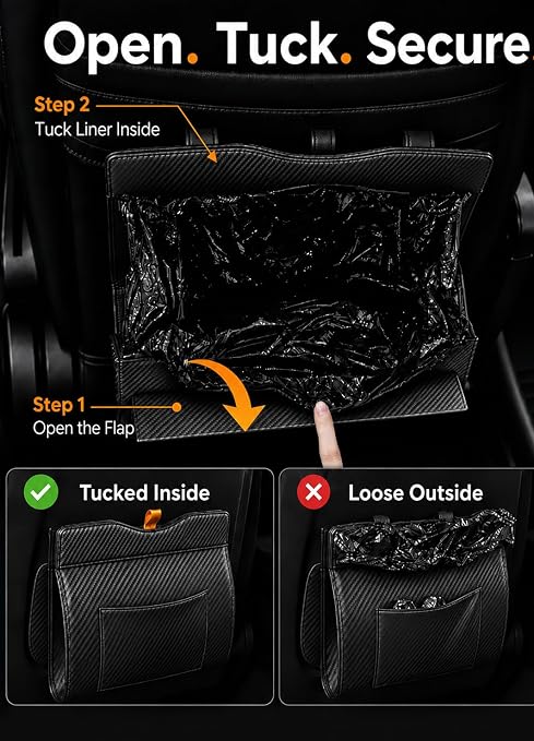 Leather Car Trash Can, Leak-Proof Odor-Lock Car Garbage Can with 60 Liners, Magnetic Closure & Liner-Hold, Storage Pocket, Metal Hooks, Hanging Car Trash Bin for SUV Sedan Truck, Carbon Fiber