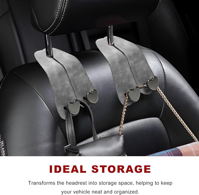 2 PCS Car Seat Headrest Hook, Suede Heart Shape Auto Double Seat Back Purse Storage Hook, Cute Backseat Organizer Universal Bag Holder Most Vehicles, Car Accessories (Gray)