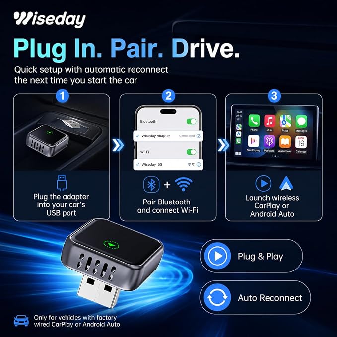 Wireless WIFI7 Bluetooth CarPlay Adapter for iPhone&Android | Seamless Connection, Convert Wired to Wireless, 2 in 1, 24.5mm USB-A with USB-C Adapter, Plug & Play for IOS 10+&Android 12+