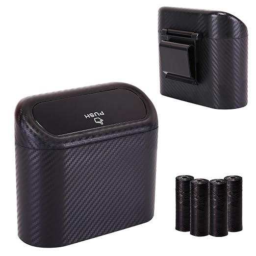 Mini Car Trash Can with Lid, Small Car Garbage Can, Cute Leakproof ABS Car Trash Bin, Car Accessories for Interior, Garbage Bin for Car, Home, Office with 60pcs Trash Bags Carbon Fibre