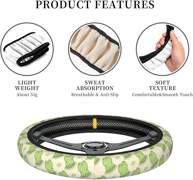 Frog Steering Wheel Cover Anti-Slip and Practical 14.5-15 Inch Universal Car Steering Wheel Cover with 2 Pieces Car Coasters Suitable for Men Women