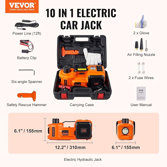 Electric Car Jack, 5 Ton/11023 LBS Hydraulic Jack Lift with Built-in Inflatable Pump and LED Light