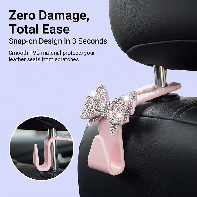 2 PCS Bling Car Seat Headrest Hooks, Crystal Rhinestone Bow Car Purse Hooks, Vehicle Seat Back Storage Hook for Handbag Purse Coat Grocery, Universal for SUV Truck Sedan (Pink)