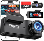 Dash Cam Front and Rear, 4K+4K Dash Camera for Cars, Daul Car Camera with 64GB Card, Dashcam with 3" IPS Display, Loop Recording, Night Vision, 24H Parking Mode