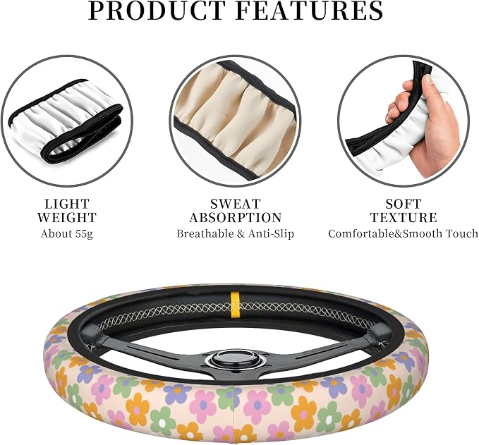 Flowers Floral Steering Wheel Cover Cute Universal 15 Inch Car Accessories Protector for Women Fit Auto SUV Sedan Vans Trucks