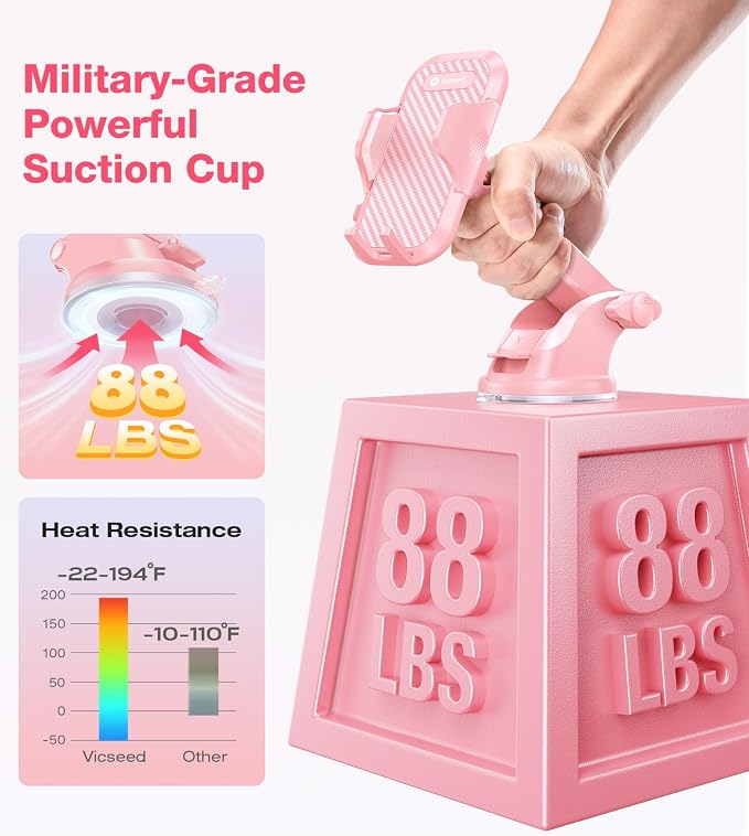 Pink Phone Holder for Your Car [Sturdy & Durable] [Powerful Suction] Dashboard Windshield Air Vent Car Phone Holder Hands Free Phone Mount for Car for iPhone Android, Pink Car Accessories