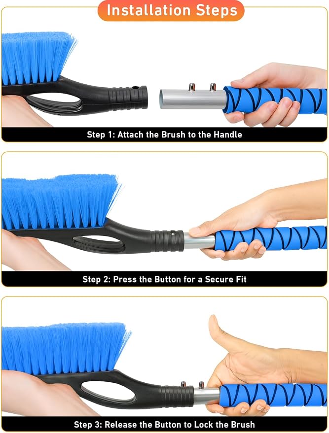 27" Aluminum Snow Brush with Ice Scrapers for Car Windshield and Window | Car Snow Scraper and Brush with Ergonomic Foam Grip Winter Accessories (Blue)