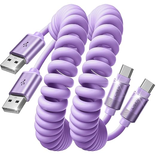 Coiled USB C Cable, 2 Pack for Android Auto & CarPlay Cable, Short USB A to USB C Cable Compatible with iPhone 17/16/15, Samsung Galaxy S25/S24/S23 A15/A14, Google Pixel 9/8, Purple 4FT