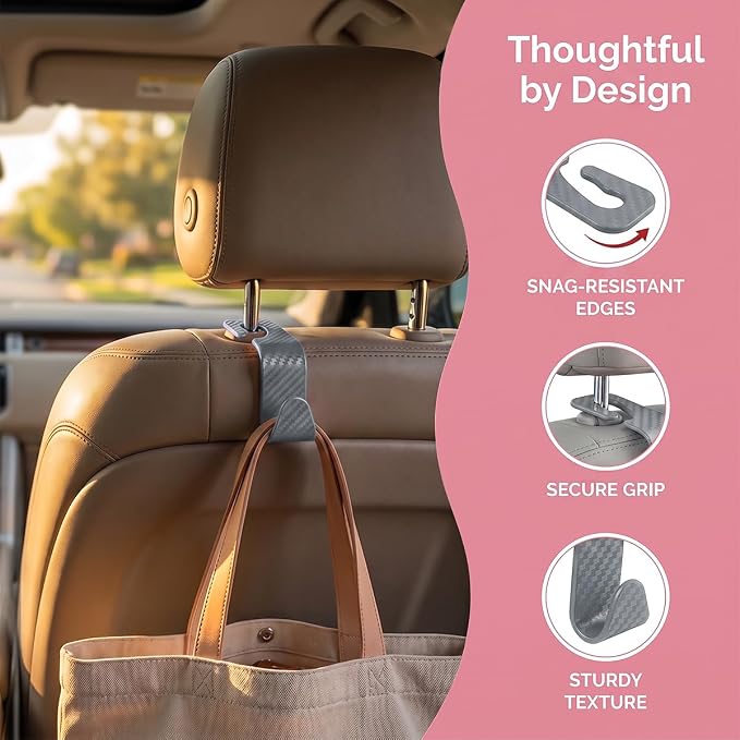 4PCS Car Seat Headrest Hooks, Auto Back Seat Hanger Holder, Durable Stylish Vehicle Organizer Universal Car Interior Accessories, Storage Hooks for Purses, Bags, Clothes (Carbon Fiber/Grey)