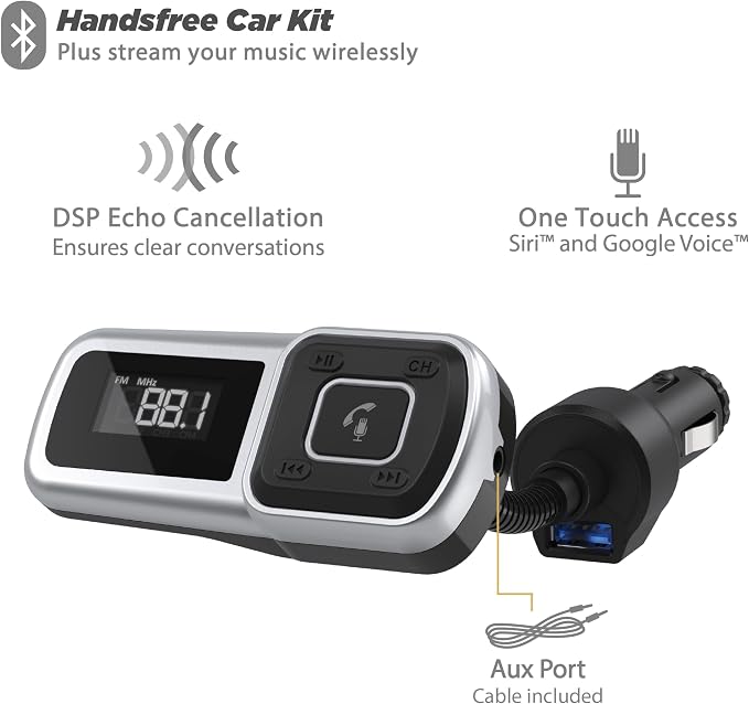 BTFMSR BTFREQ Universal Bluetooth Hands-Free Car Kit with Digital FM Transmitter and 10-Watt USB Car Charger