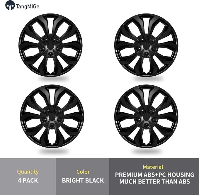4-Pack Universal Hubcaps Wheel Covers Replacement R1, Steel Wheel Rim Cover for Most Cars Trucks Sedans SUV, 14" 14 in Hub Caps (Bright Black Color, 14 inch)