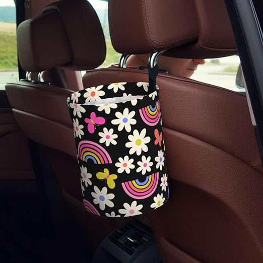 Car Trash Bag Rainbow and Flowers Waterproof Trash Small Car Can Portable Collapsible Car Garbage Can Hanging for Back Seat Floor or Hanging Headrest Car Decor Road Trip Essentials