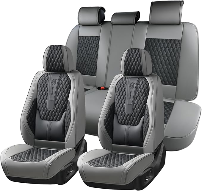 Coverado Car Seat Covers Full Set, Nappa Leather Seat Covers, Waterproof Car Seat Protector with Lumbar Support, Automotive Seat Covers Universal Fit for Most Cars SUV Trucks (Black-Gray)
