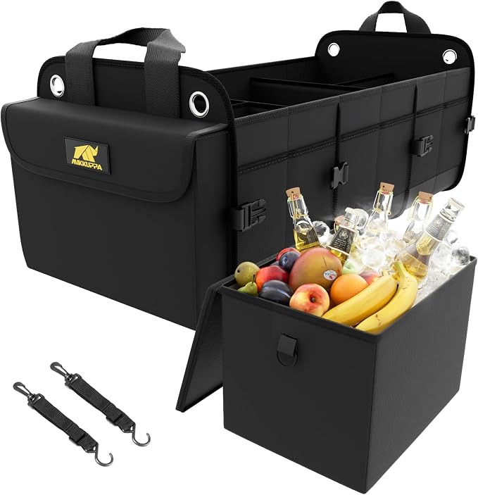 Car Trunk Organizer with Cooler, 100L, Premium Material, Black | Collapsible Heavy Duty Large Car Organizer, Sturdy Trunk Storage for SUV with Adjustable Straps and Non Slip Bottom