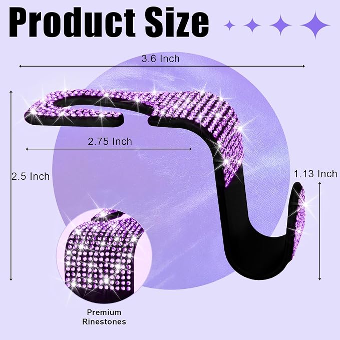 6 Pack Bling Car Seat Headrest Hooks, Rhinestone Purse Hook for Car, Universal Storage Organizer for Handbag Grocery Bags Coats, Bling Car Accessories for Women (Bling Purple)