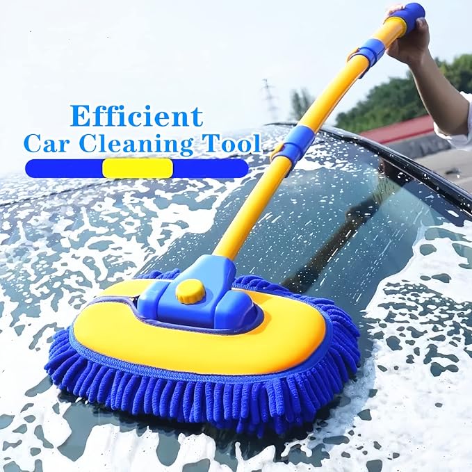MVEQRRN 15°Curved Chenille Car Wash Brush Mop with Long Handle(Blue) | Car Washing Mitt & Brush Kit, Scratch-Free Replaceable Head, Microfiber Towel for Auto Detailing, Car, SUV Exterior