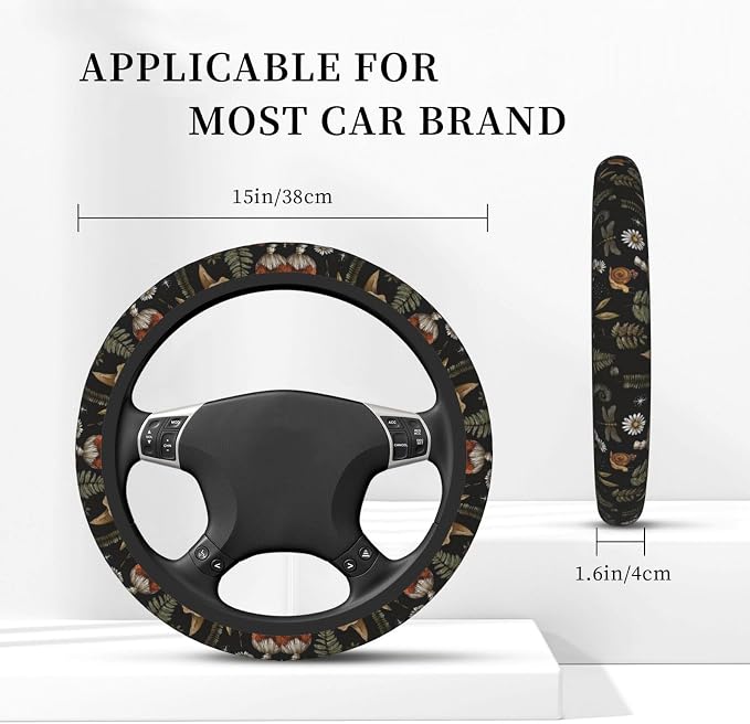 Vintage Mushroom Dragonfly Flower Steering Wheel Cover, Non-Slip Breathable Neoprene Steering Wheel Covers, Women Car Accessories Universal 15 Inch Fit Auto, Suvs, Truck