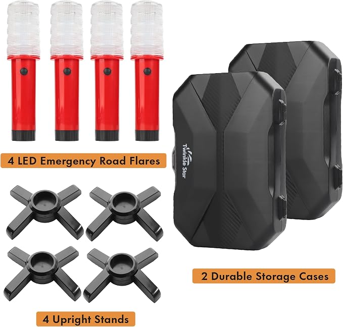LED Safety Strobe Road Warning Light, Set of 4 | Emergency Roadside Flares Kit, Highway Beacon Alert Flare, Magnetic Base, Detachable Stand, Solid Storage Case
