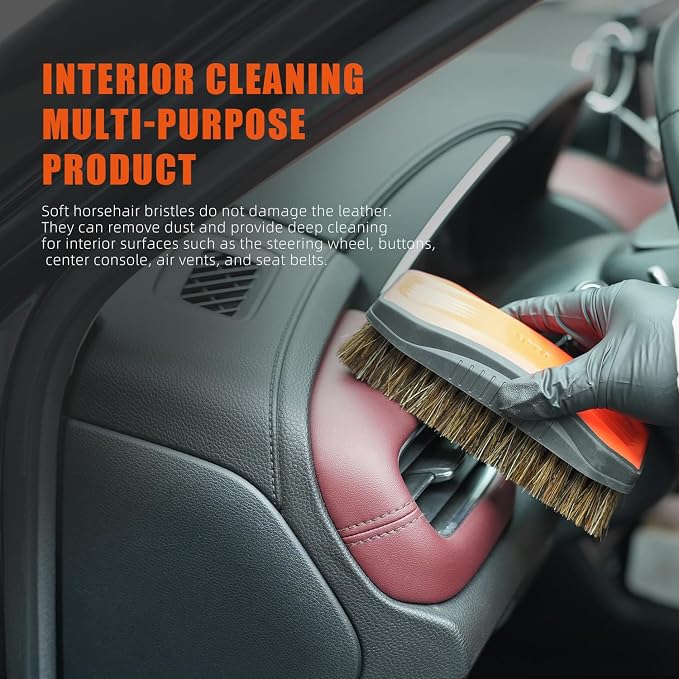 Leather Cleaner Brush, 2Pcs Fine Long Bristle Horse Hair Brush for Car Detailing,Ideal for Car Interiors,Furniture, Sneakers, Boots,and More -Safe for Natural, Synthetic, Faux, and Pleather
