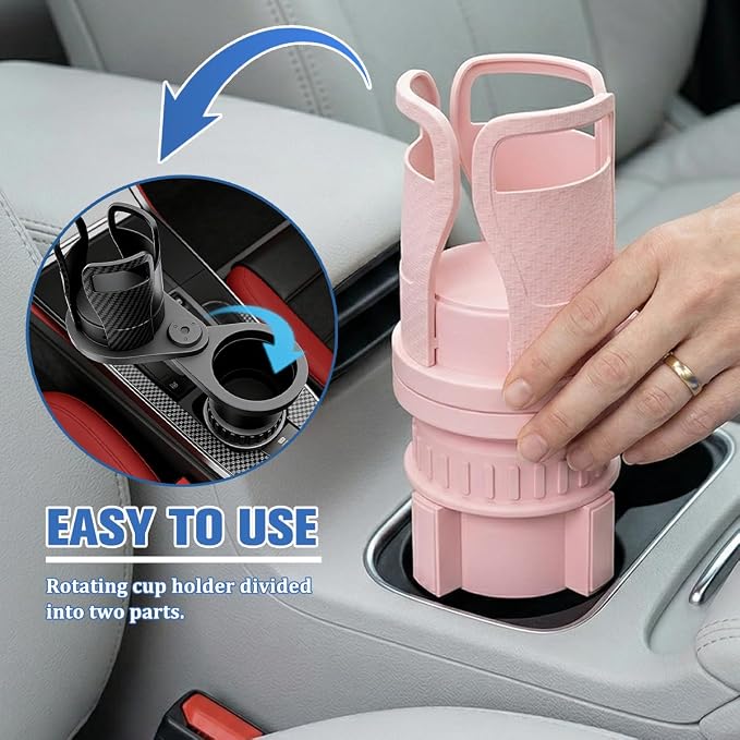 Car Cup Holder Expander, 2 in 1 Multifunctional 360° Rotating Water Bottles Holder Extender Adapter with Adjustable Base, Automotive Insert Drink Cup Adapter, Universal for Vehicles (Pink)